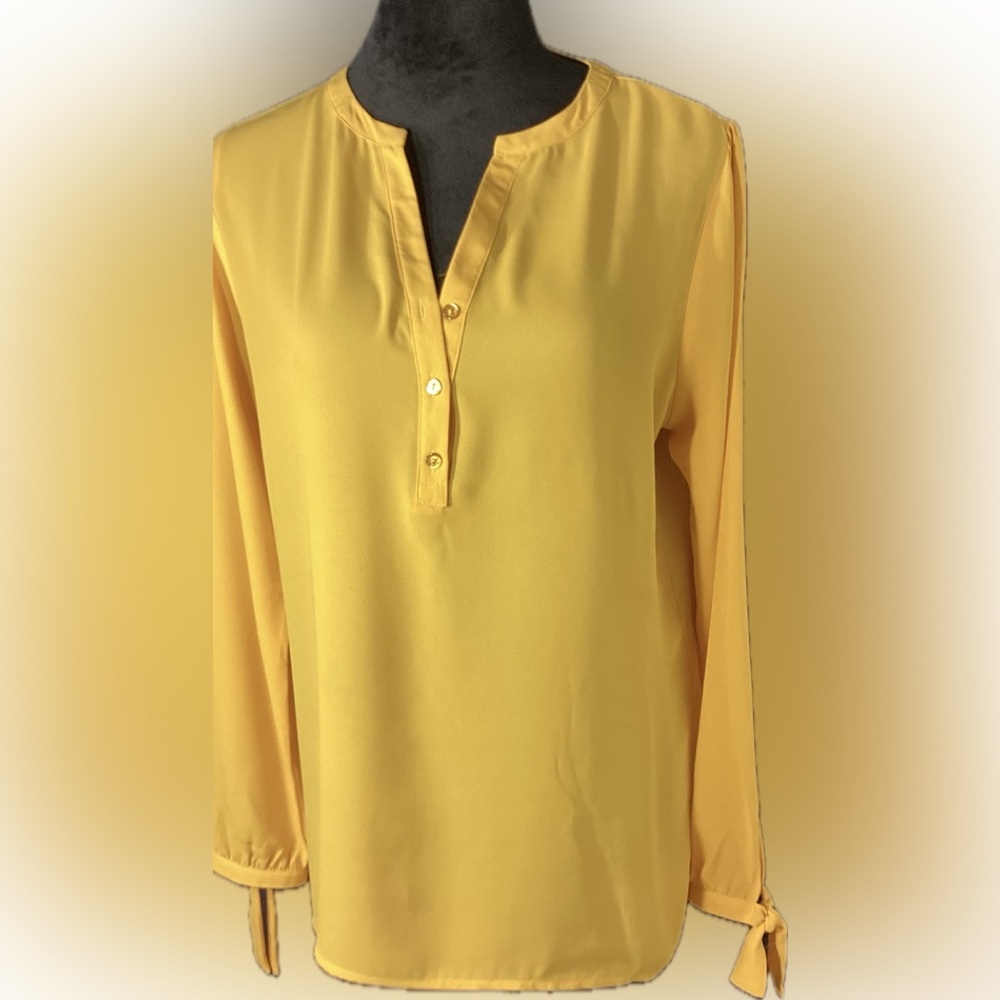 Canary yellow long sleeve blouse with end ties. Size M